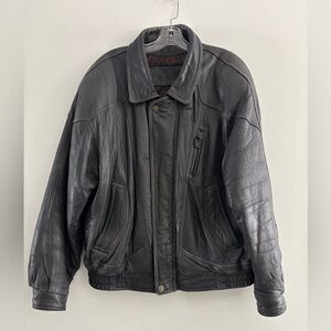 Bosa Men's Black and GreenVintage Retro Genuine Leather Jacket Sz. Large